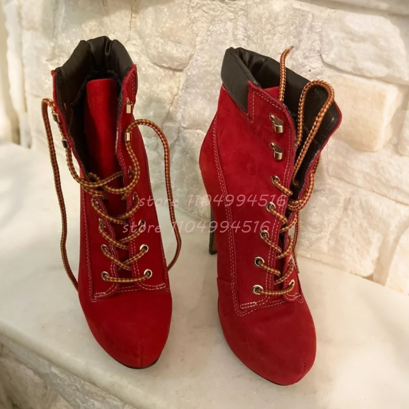 

Lace-Up Suede Platform Ankle Boots Women Sewing Metal Buckle Stiletto Pumps Lady Sexy Retro Casual Shoes 2025 Ankle Calf Booties