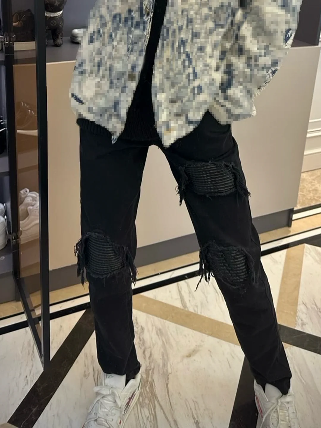 

Heavy Du Patchwork Men's Denim Jeans Bla Knee Hole Slim Fit Long Pants Trendy Casual Wear Resistant Wear Waed Effect