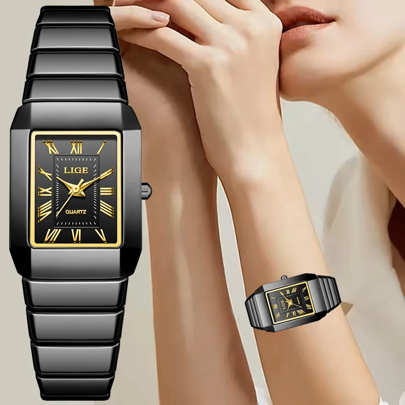 

LIGE простые квадратные черные керамические часы женские модные элегантные женские кварцевые наручные часы для спорта на открытом воздухе водонепроницаемые часы Femme подарок