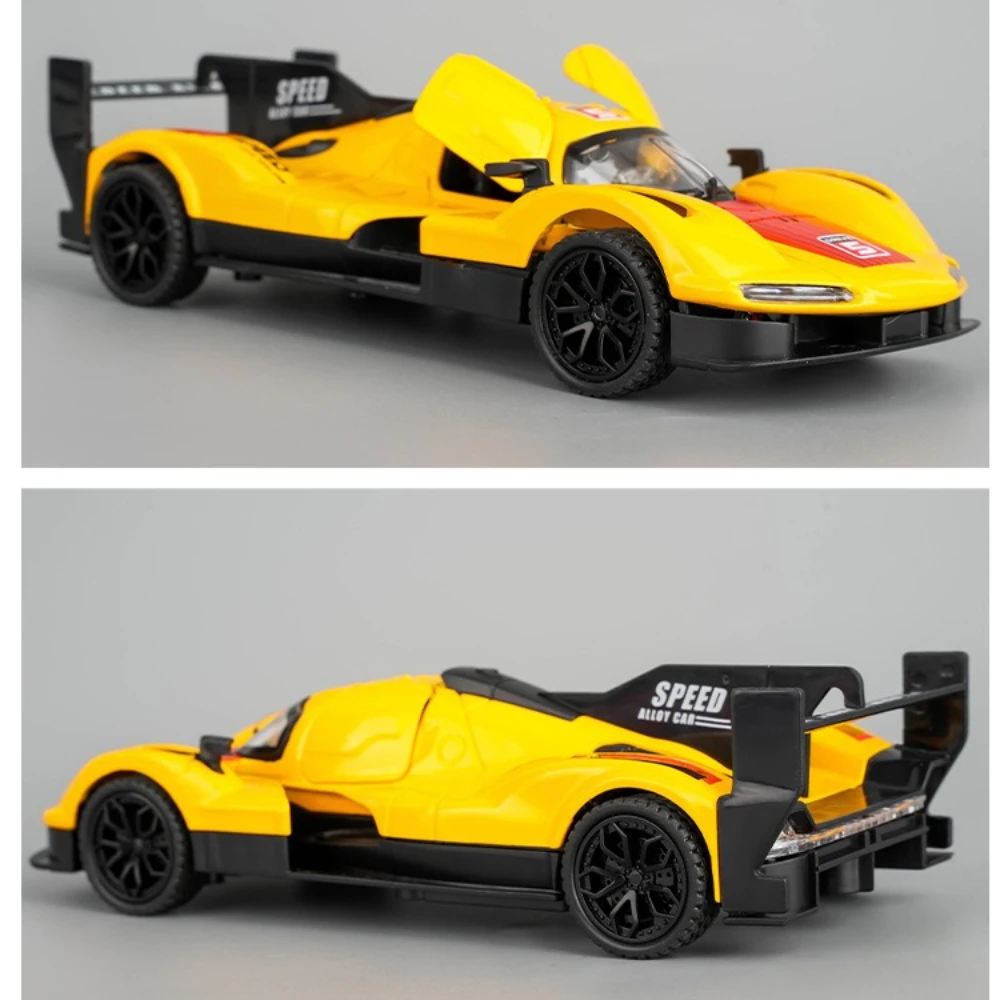 Model sportowego samochodu ze stopu 963 w skali 1:32 z mechanizmem pull-back, dźwiękiem, światłem i dekoracyjnym okienkiem, dla kolekcjonerów i fanów sportowych samochodów.