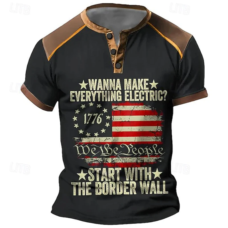 Vintage Men's Henry T-Shirt With National Flag And Letter Print Short-Sleeve Waffle-Weave Casual Button-Down Short-Sleeve Shirt
