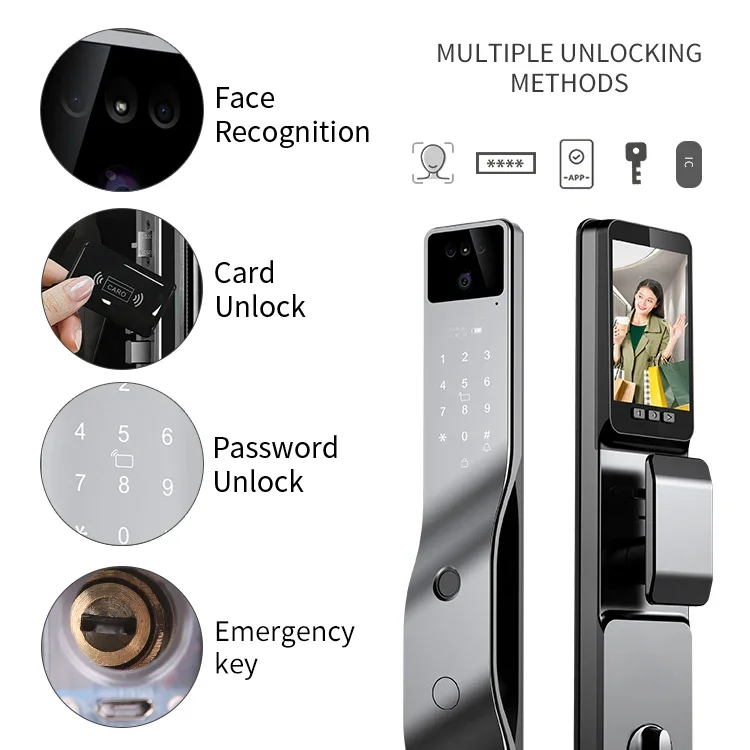 008 Kunci Pintar Pengenalan Wajah 3D dengan Tuya Wifi Interkom Video Sidik Jari Kata Sandi Sidik Jari Biometrik Kunci Pintar Digital