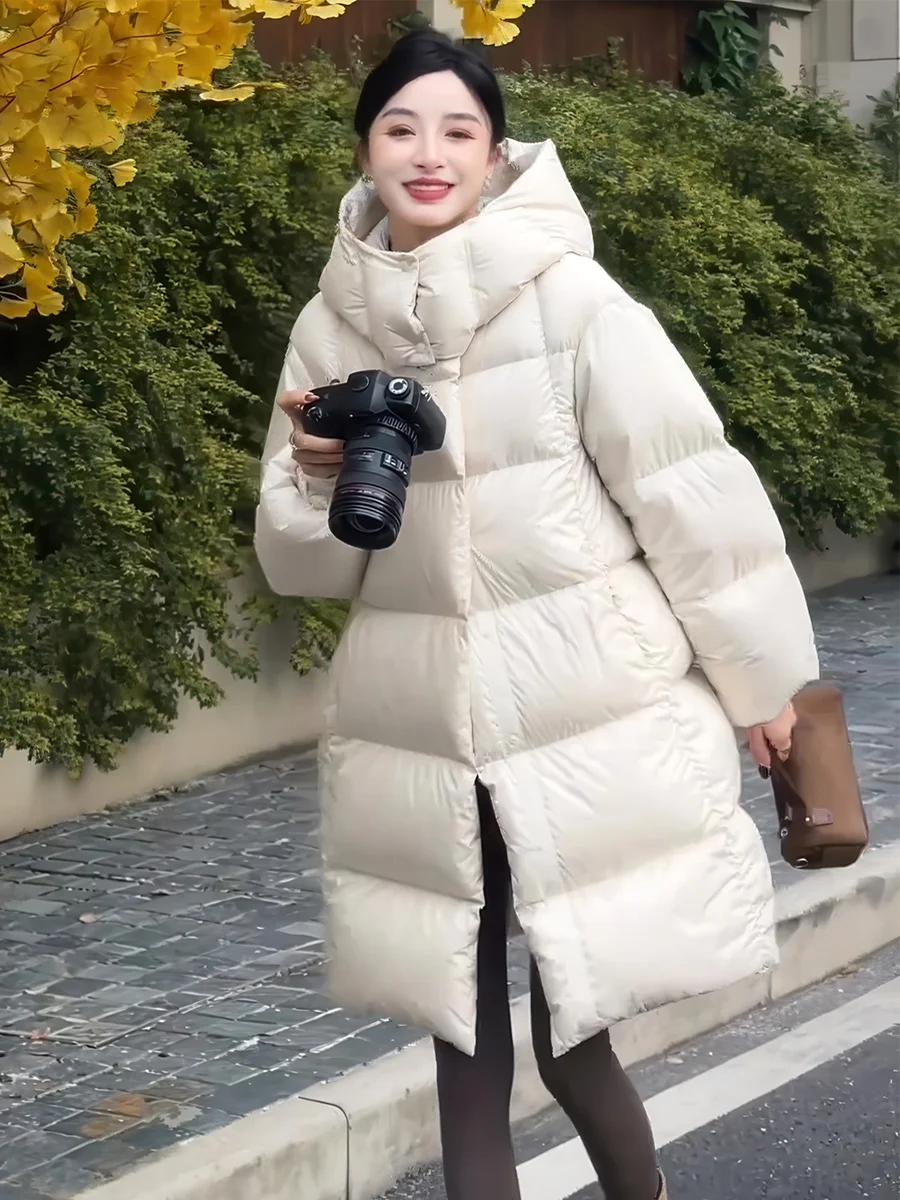 

Winter New 2025 Women's Thiened Warm Hooded Mid-Length Du down Puffer Jaet Loose Bread Sle Outerwear Coat Zipper Closure