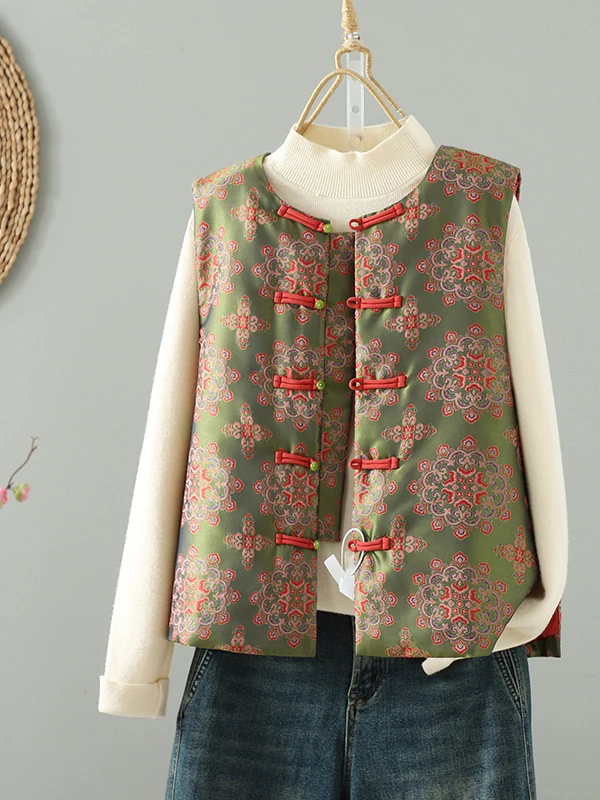 Women's Chinese Style Silk Embroidered Cotton Vest Warmth Outerwear round Neck Loose Fit Traditional Pattern Single Button