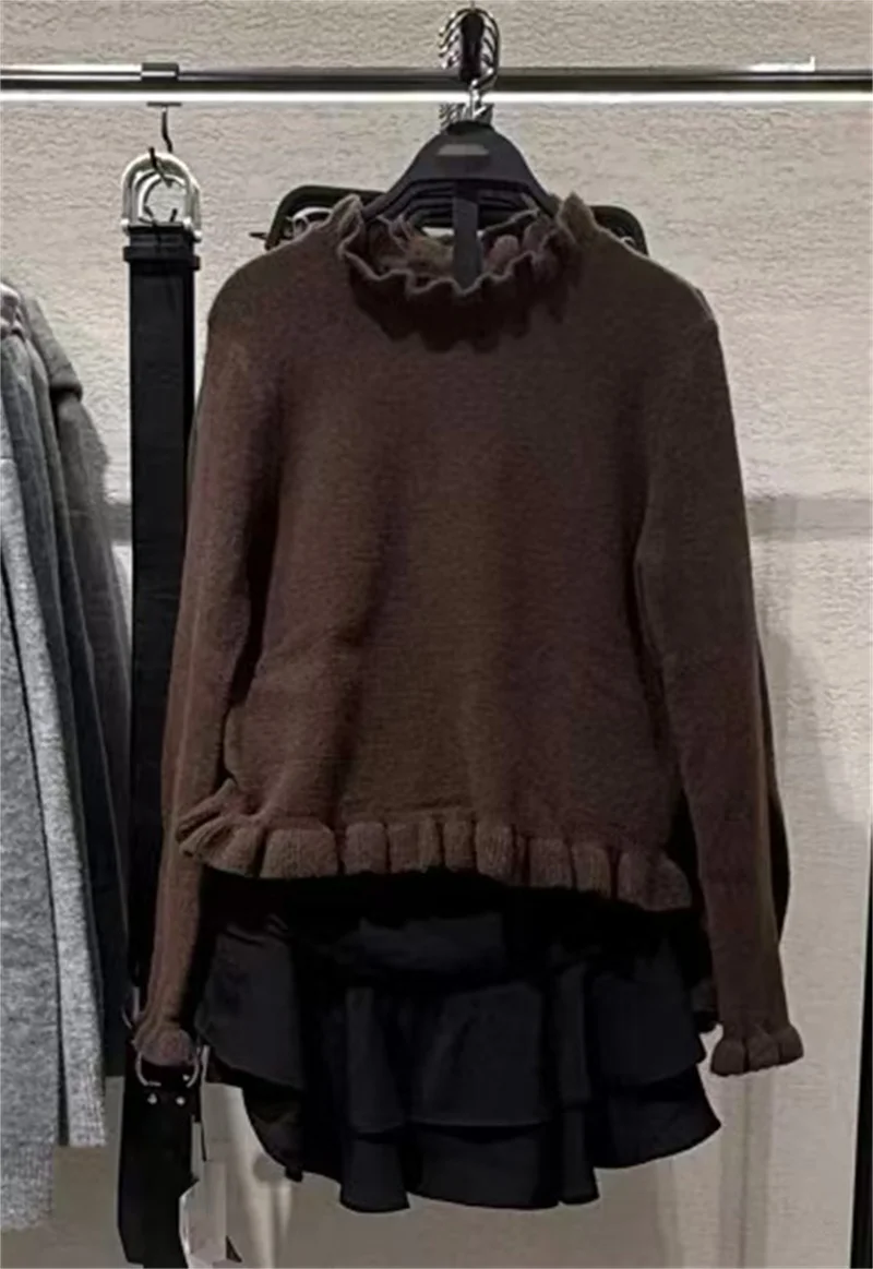 المرأة أفضل 2025 الخريف نمط جديد بني داكن طويل الأكمام الطبقات الزخرفية متماسكة البلوز موضة عادية