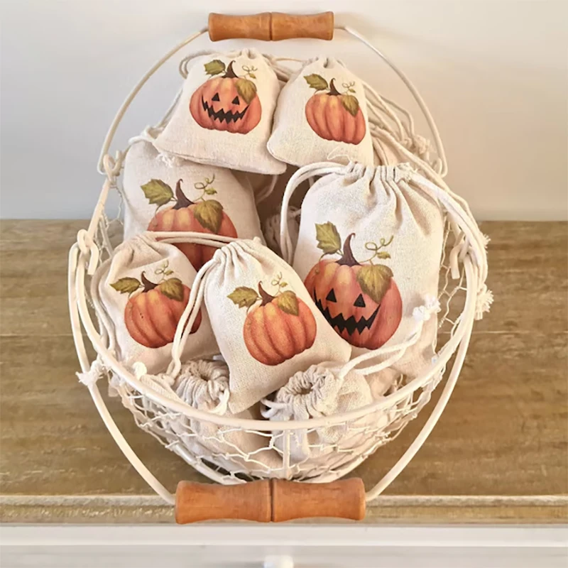 

5pcs Pumpkin gift bags halloween party Thanksgiving decoration Autumn drawstring pouches rustic cotton bags for fall table decor