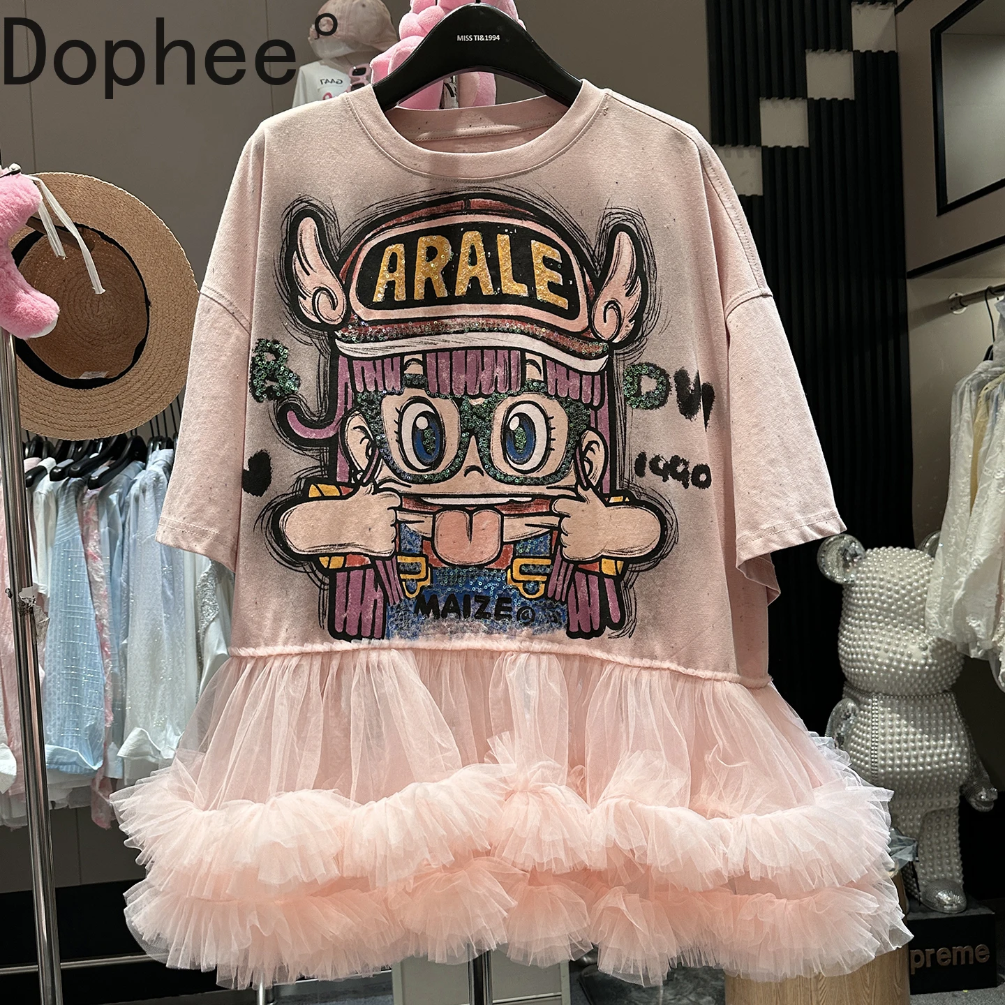 

Elegant Mesh Splicing Fairy Summer Short Sleeve T-shirt Mid-long Loose O-neck Pullover Top Sequins Cartoon Sweet Princess Dress