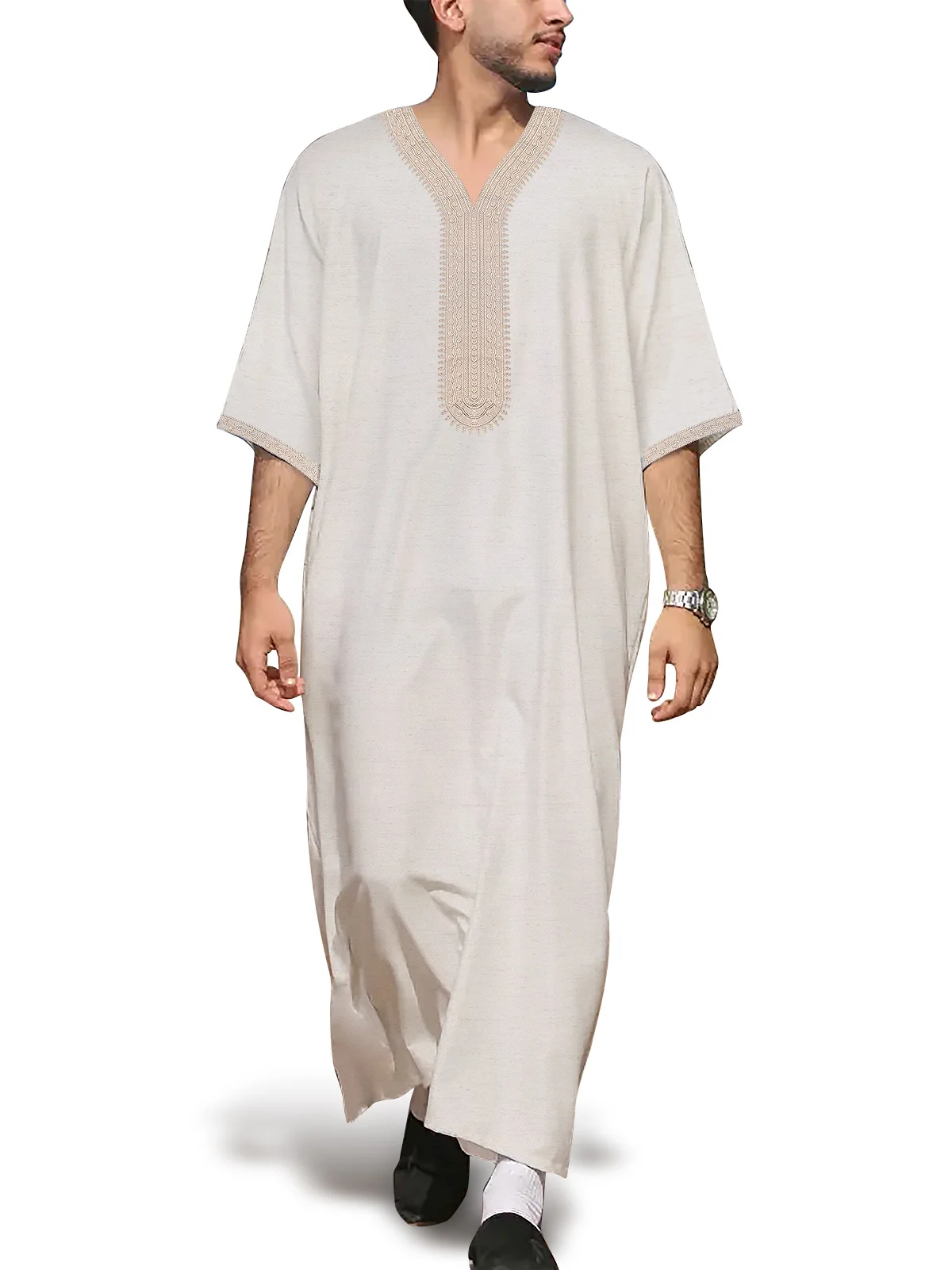 2026 Ramadan Linen Gandoura for Eid Men Cooling Fabric Summer Breathable Kaftan Robe Thobe Embroidery Design with Pockets Loose