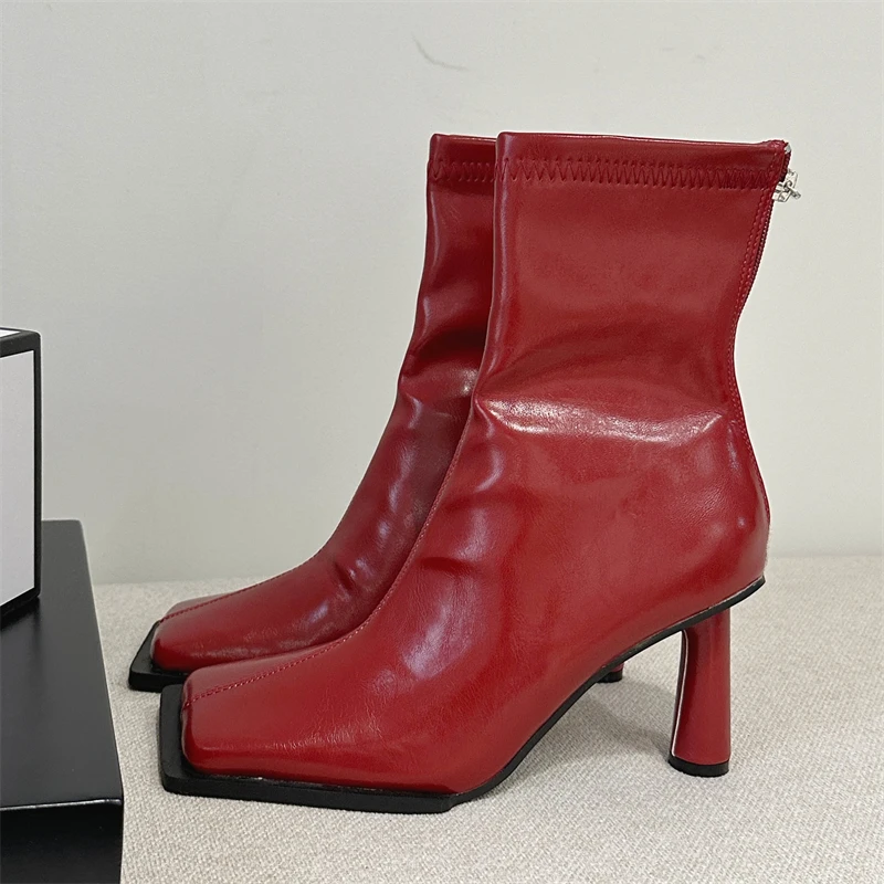 Autumn Cozy Soft Leather Square Toe Ankle Boots Women Elegant Stiletto Heels Fashion Zip Ladies Party Shoes Zapatos Mujer image 5