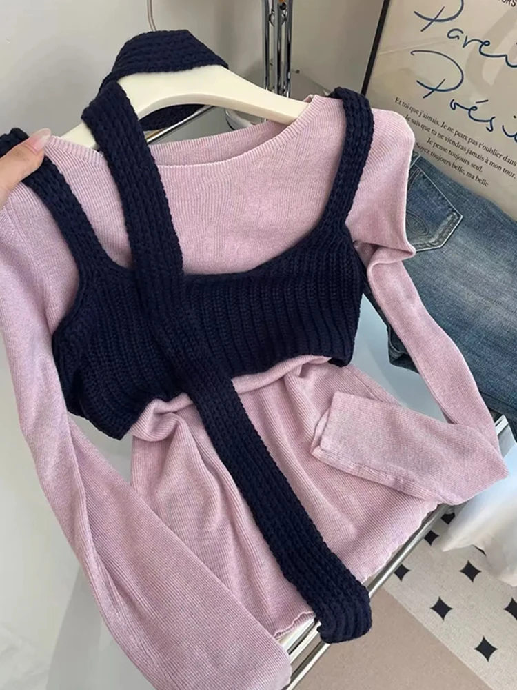 

Корейский вязаный топ с длинными рукавами для женщин, имитация двухслойного дизайна, осенне-зимняя новинка, модный стиль.