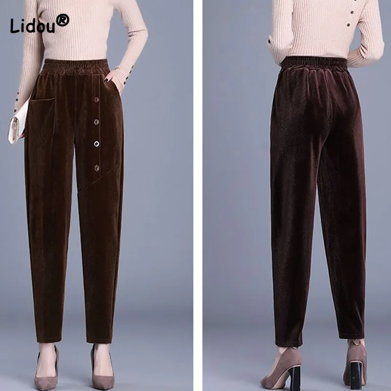 Regular/plush Corduroy Casual Pants for Women 2023 Autumn Winter New High Waist Patchwork Button Loose Striped Down Trousers