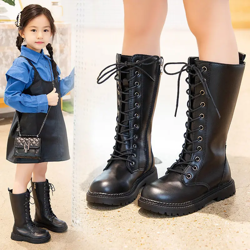 

Fashion Girl's boot Children Princess thigh single boots Zipper lace-up Spring Autumn New Kids Shoes Black Beige white 3-12T