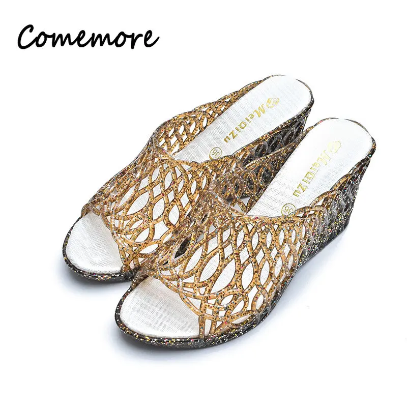 Comemore Bling Wedges 2023 Summer High Heel Shoes Woman Casual Jelly Shoe Slip on Female Fashion Slides Women Platform Slippers