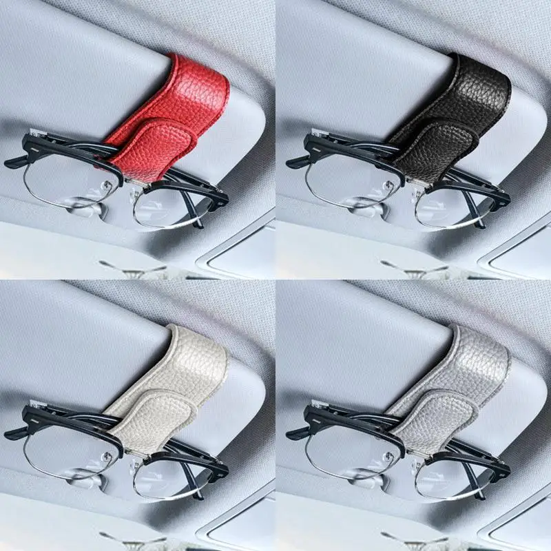 Car Sun Visor Glasses Clip, Magnetic Leather, One-Hand Operation, No-Damage Install, Fits All Vehicles, Eyeglass & Card Holder