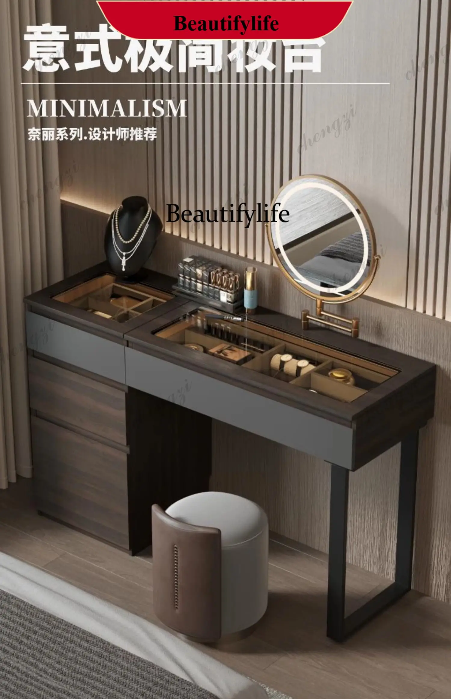 

YL Storage Drawers Wood Vanity Table Mirror Stool Makeup Desk Dressing Table Modern Luxury Penteadeira Quarto Bedroom Furniture