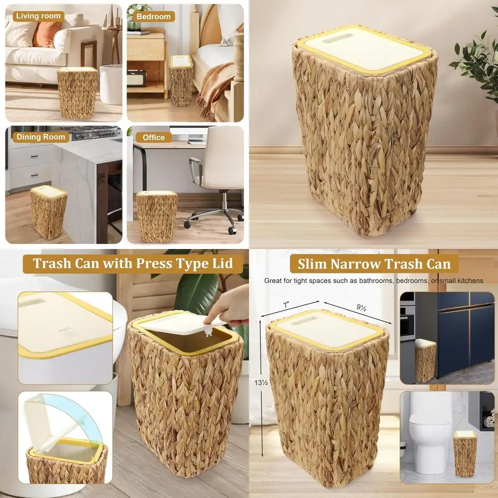 

Compact 3-Gallon Wicker Lidded Trash Can for Slim Spaces - Ideal for Home or Office