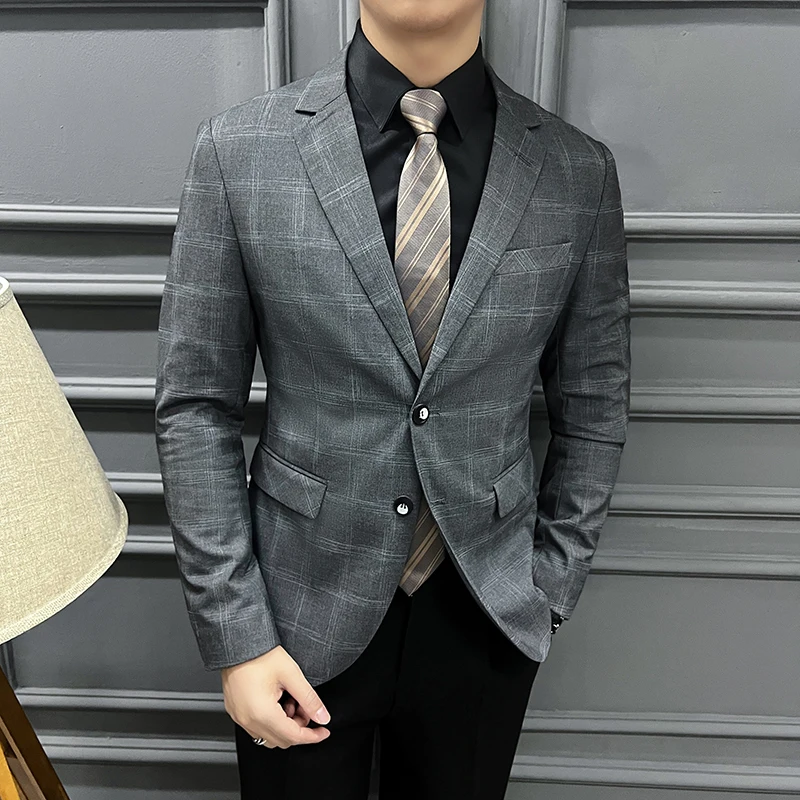 

2024 New Men's Blazer Fashion Korean Business Gentleman Fashion Dress Comfortable Slim Casual Office Plaid Wedding Boutique Suit