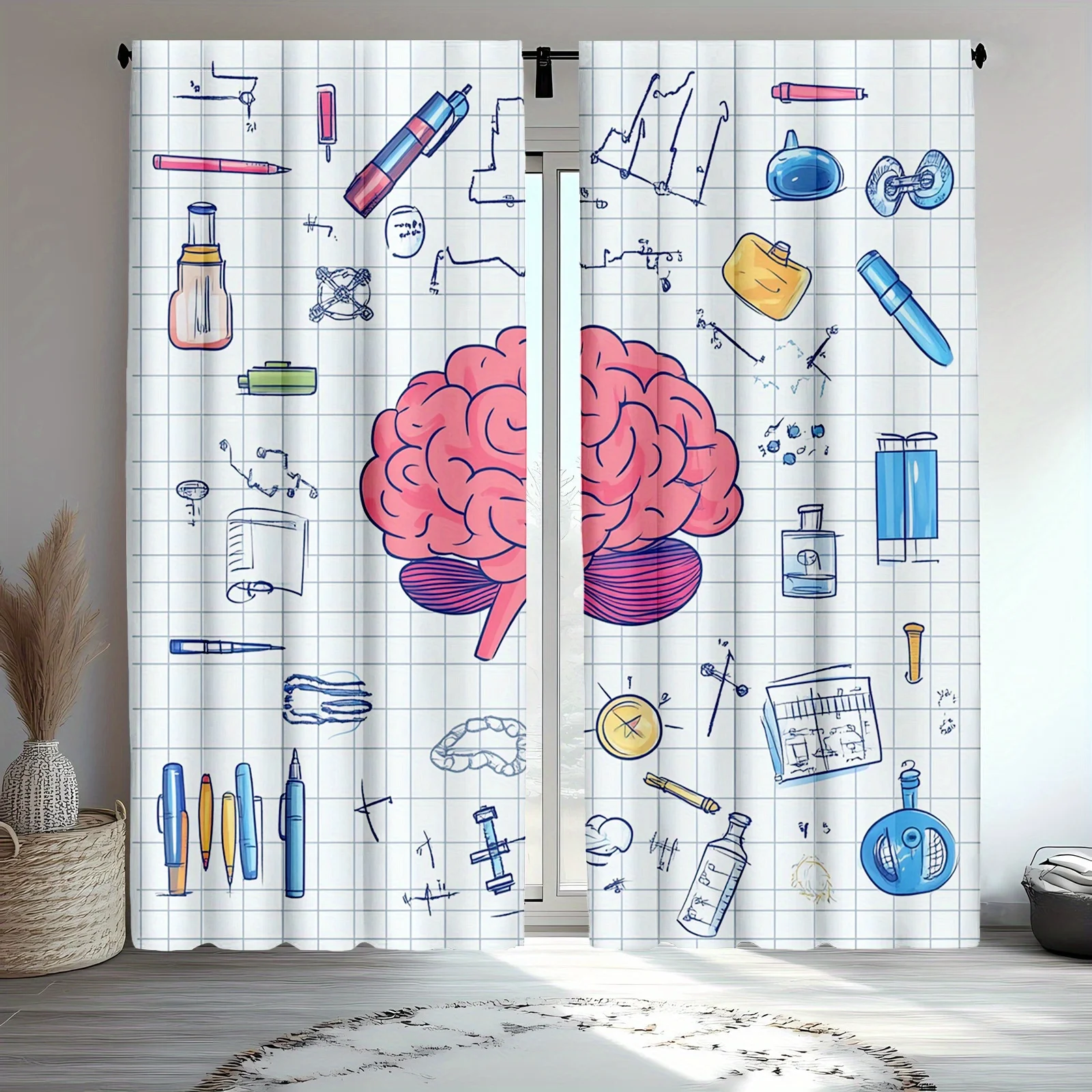 Scientific Blueprint Curtain Panels STEM Education Classroom Window Drapes Biology Brain Diagram Grid Pattern Curtains for Home