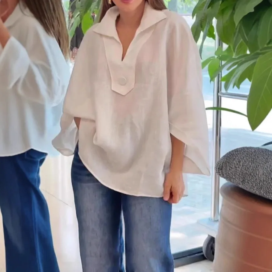 

2026 Spring Summer European American Independent Station Women's Urban Casual Loose Simple Button Solid Color Cotton Linen