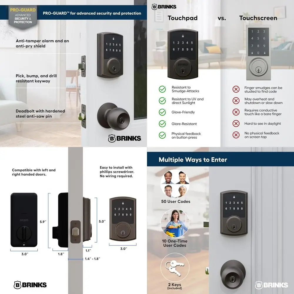 

Illuminated Touchpad Deadbolt with Security, Custom Codes, Auto-Lock for Front Door, Suitable for Home or Office, Tuscan Bronze