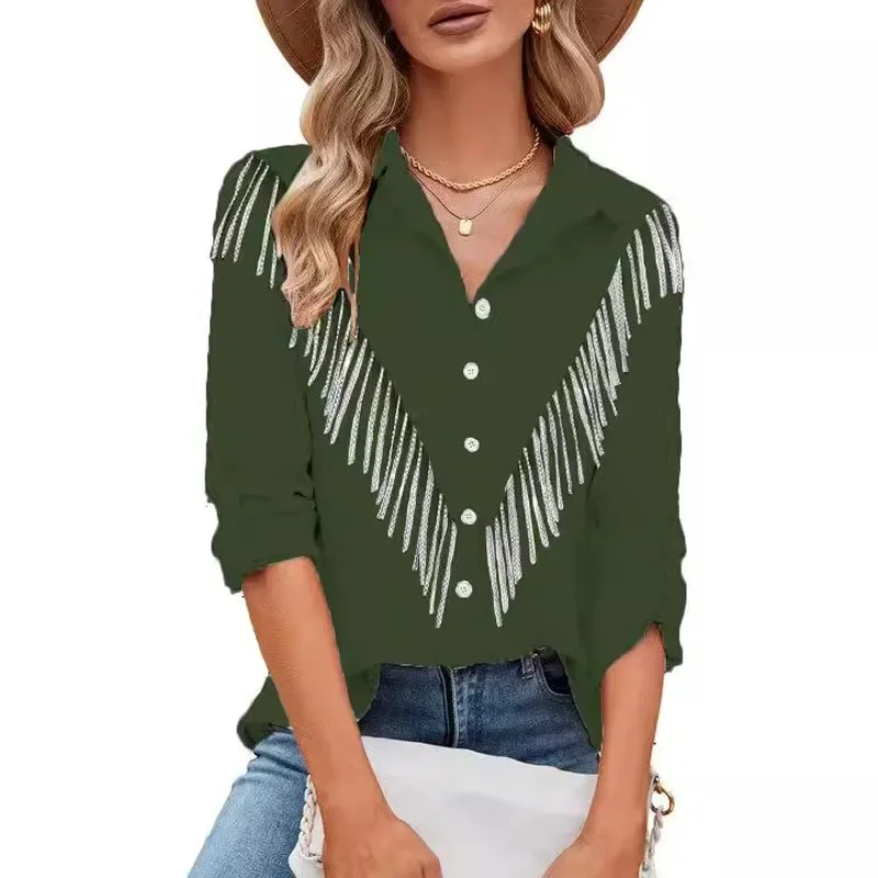 Women\'s Fashion Shiny Rhinestone Fringe Single Breasted Long Sleeve Casual Lapel Shirt Western Cowboy Country Concert Outfit