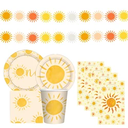 1set Bohemian Sun Disposable Tableware Paper Plates Banner For Bohemian Sun 1st Happy Birthday Party Decoration Gift Bag Supply