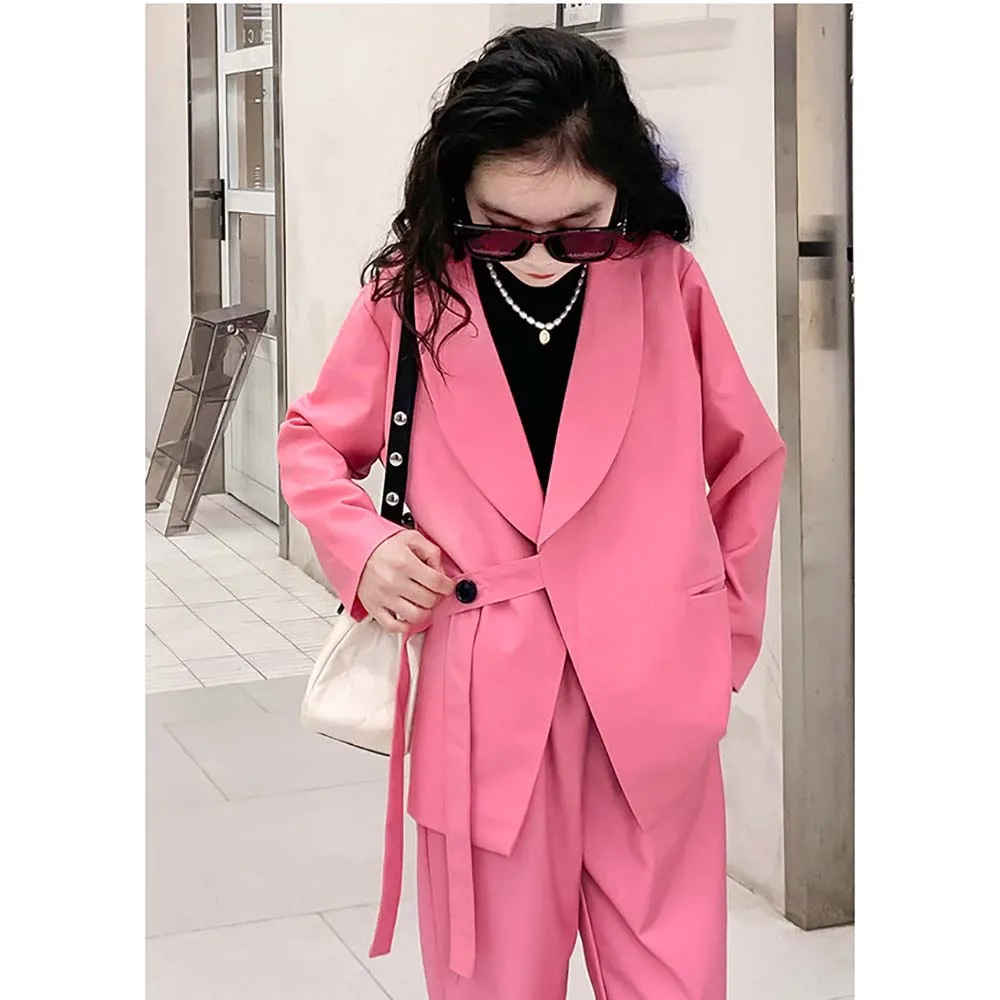 

Girl Suits Chic Shawl Lapel Belt Buttons Girl Clothes 2 Piece Latest Design Party Wedding Sets for Children (Blazer+Pants)