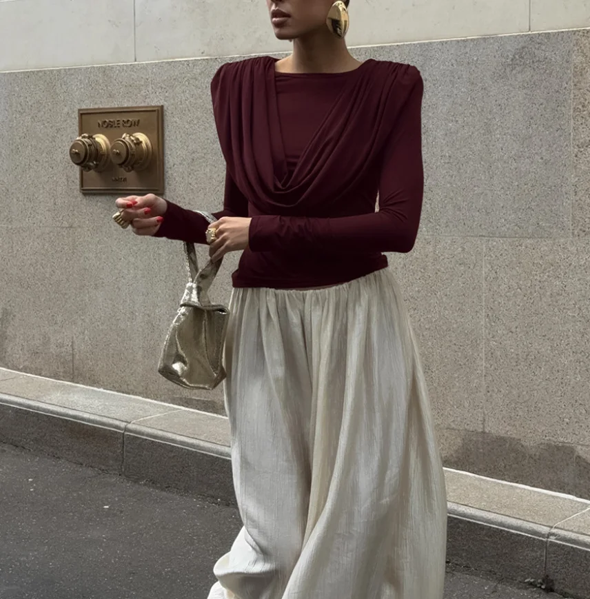 

2025 Casual Elegant New Fashion Casual Wrinkled Waist Swinging Collar Long Sleeved T-Shirt for Women with A High-End Feel