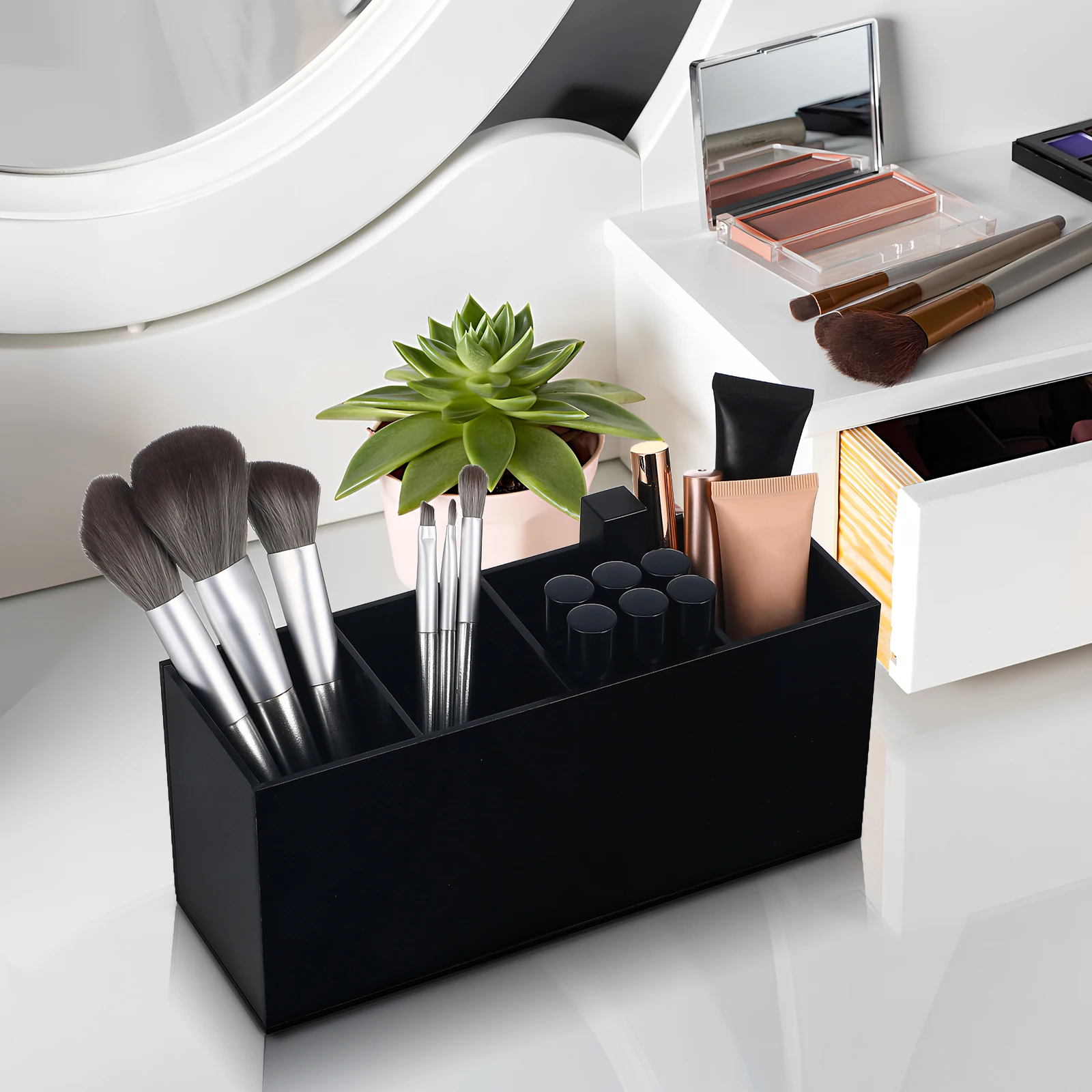 

Acrylic Storage Box Pen Holder Black Four Compartments Stationery Organizer Desk Pencil Holder Office Accessory Makeup Brush