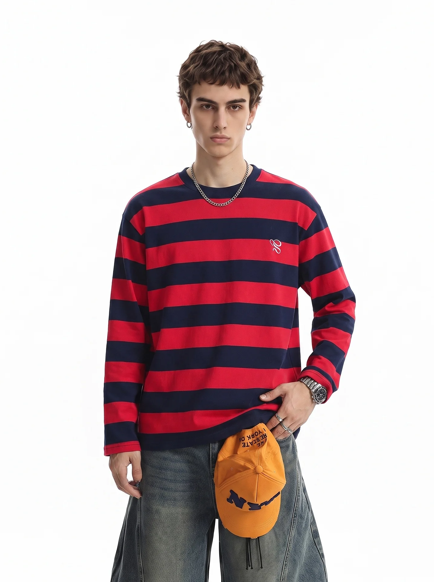 BETEBULE American High Street Long Sleeve T-Shirt Men's Trendy Short Wide Upper Body Embroidered Stripes Letter Style