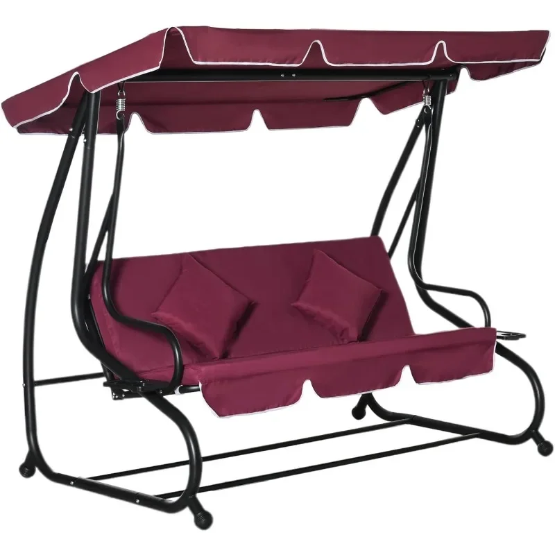 3-Seat Outdoor Patio Swing Chair, Converting Flatbed, Outdoor Swing Glider with Adjustable Canopy, Removable Cushion and Pillows