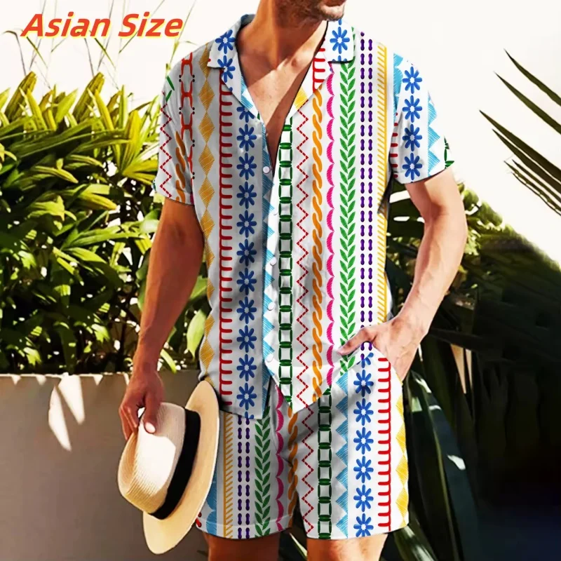 

Ethnic Stripe Pattern Hawaiian Shirt For Men Colorful Geometry 3D Printed Short Sleeves Summer Aloha Shirts Lapel Blouses Tops