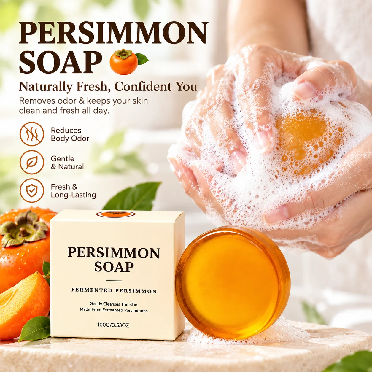 Natural Deodorizing Persimmon Soap Bar,Reduce Body Bad Odor Gentle Cleanse Exfoliating Deep Oil Control Bath Soap for Men&Women