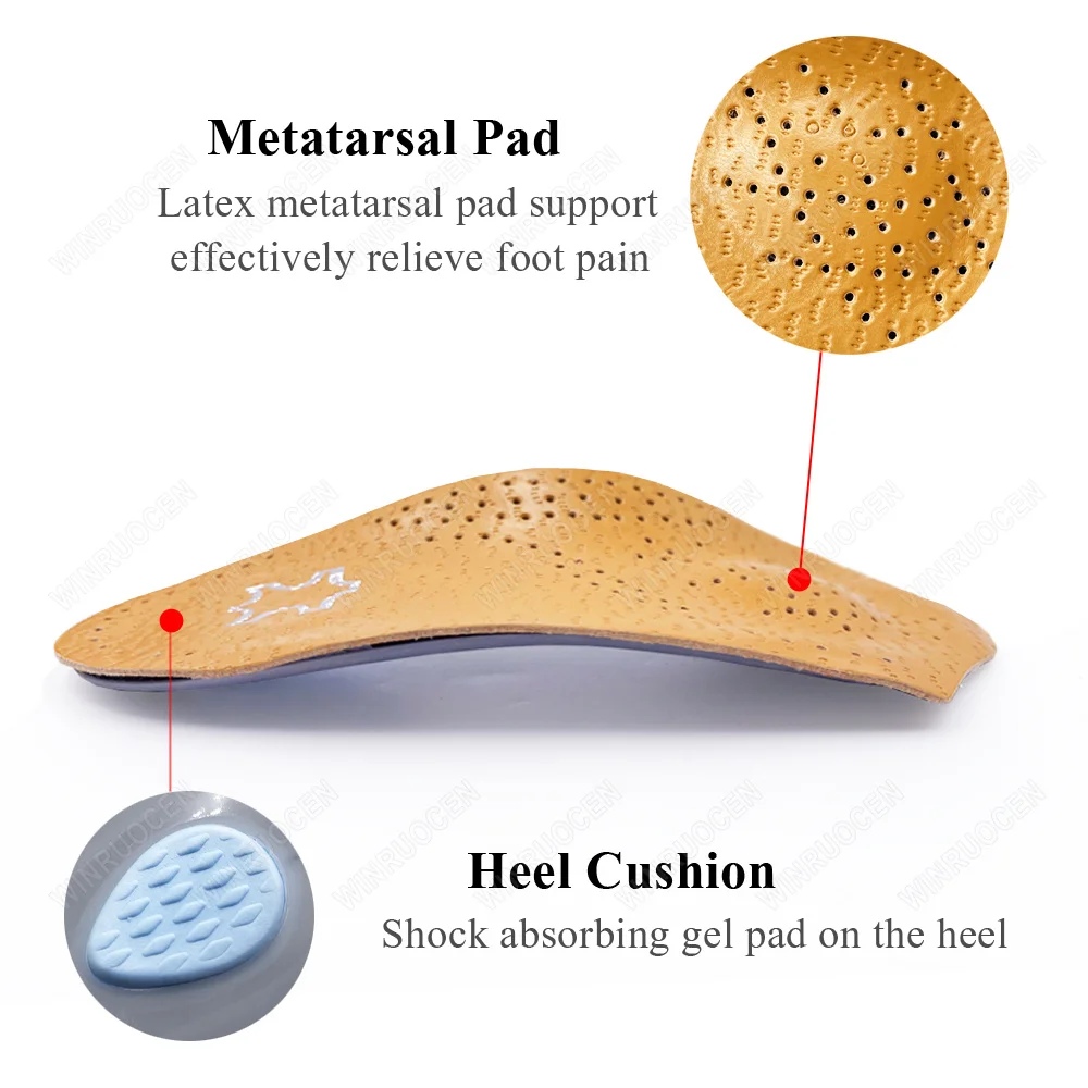 Plantilla semiortopédica de cuero para hombre y mujer, Corrector de pie plano, almohadilla para aliviar el dolor de talón, cuidado de piernas, 3/4
