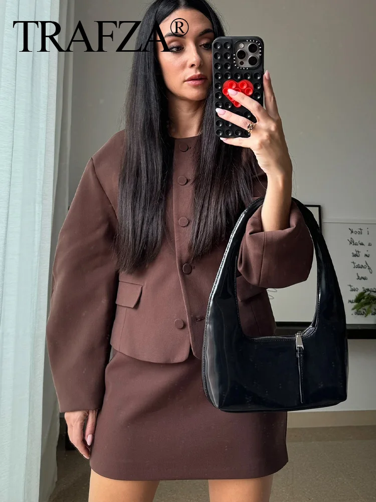TRAFZA Women Brown Jacket Skirt Set Single Breasted Vinatge Fashion Short Coat + Solid Slim Mini Skirts High Street Matching Set