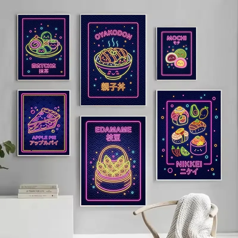 1pc frameless Canvas Painting Retro Japanese Food Matcha Ramen Bowl Sashimi Kawaii Illustration Poster Canvas Painting Wall Pict