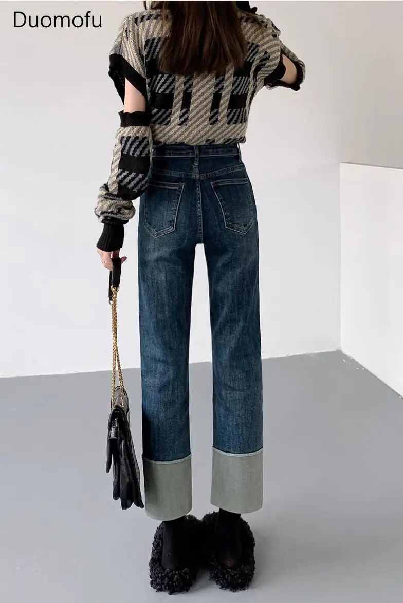 Duomofu Klassiek Hoge Taille Slanke Chique Straight Vrouwen Jeans Herfst Vintage Basis Rits Knoop Eenvoudige Zak Mode Dames Jeans