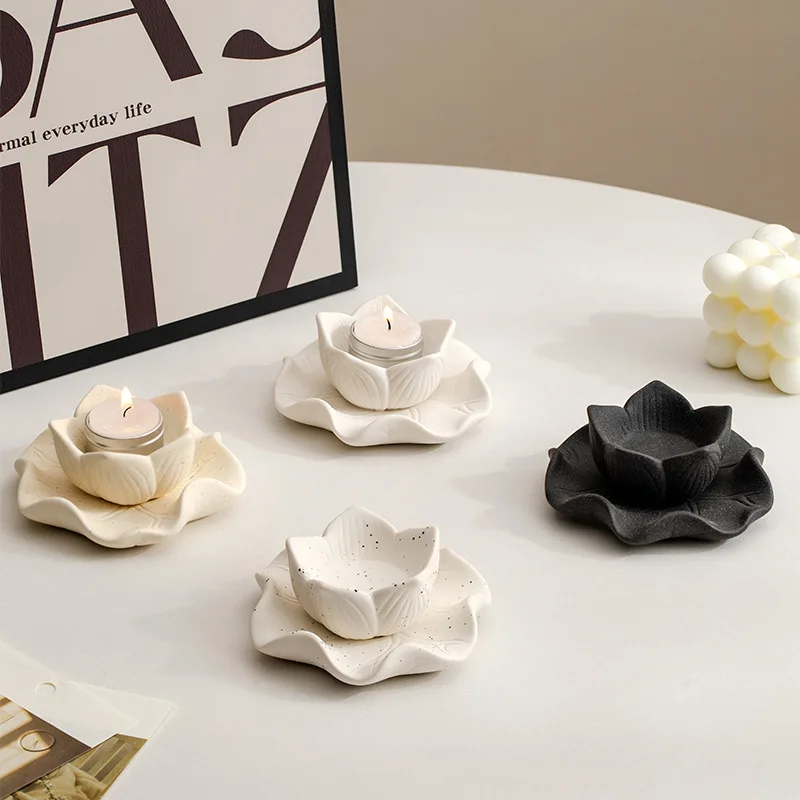 Lotus Flower Ceramic Candle Holder for Home Altar Decor, Nordic Style Sand Finish Tabletop Centerpiece