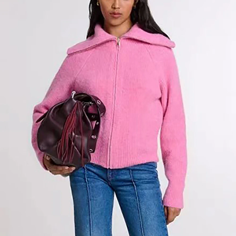 Cotton Women\'s Sweater Y2k Large Lapel Blend Shoulder Sleeve Elegant Commuter Zipper Pullover Jacket Tops 2024 Autumn New