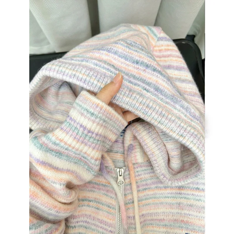 Colorful Striped Hooded Sweaters for Women Soft Warm Spring Autumn Versatile Knitted Cardigans Female Casual Outwear Coat