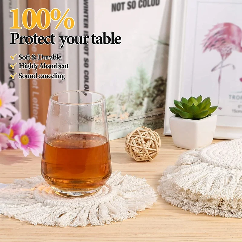 5PCS Coasters For Drinks Absorbent Macrame Handmade Cotton Coasters For Coffee Table, Boho Coaster Set With Tassels Heat