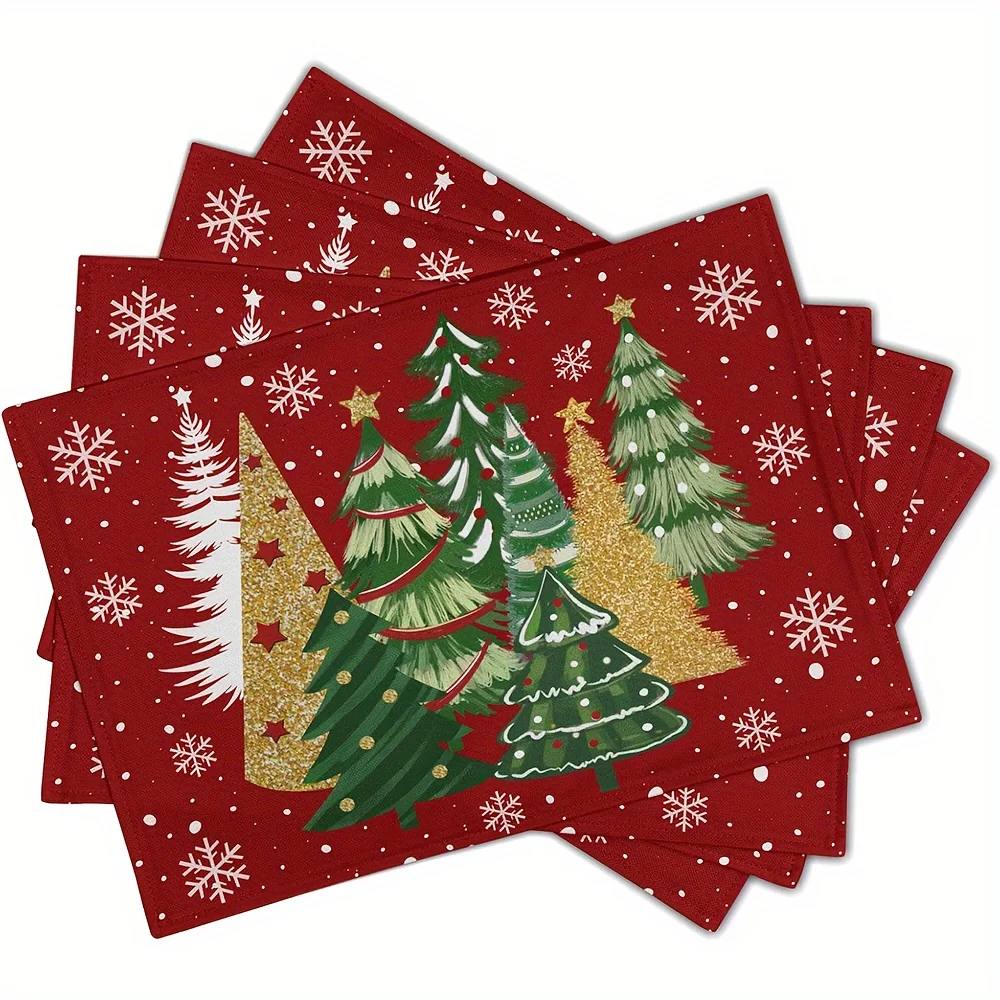 Christmas Placemats Compatible for Holiday Table Setting Non-Slip Rectangular Table Mats with Golden Green Pine