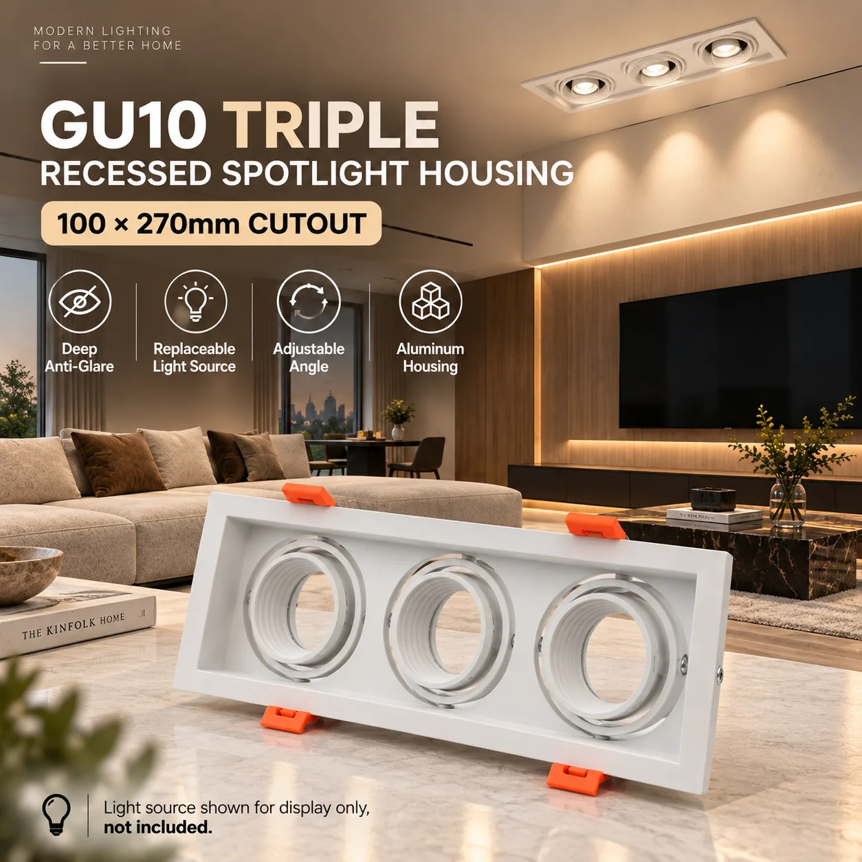 GU10 MR16 Triple Recessed Downlight Frame 100x270mm Cutout Deep Anti Glare Aluminum Adjustable Spotlight Housing