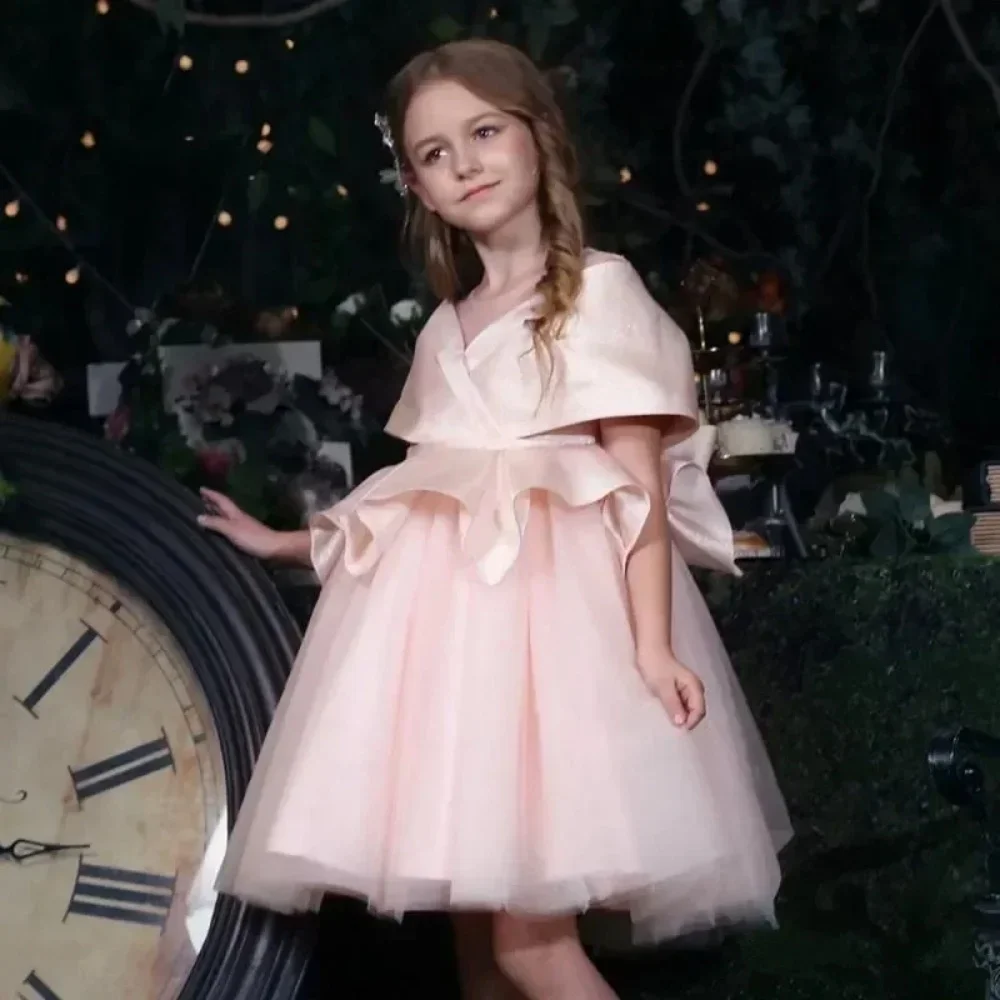 Princess Pink Off The Shoulder Flower Girl Dresses A Line Knee Length Kids Lovely Birthday First Communion Wedding Gowns