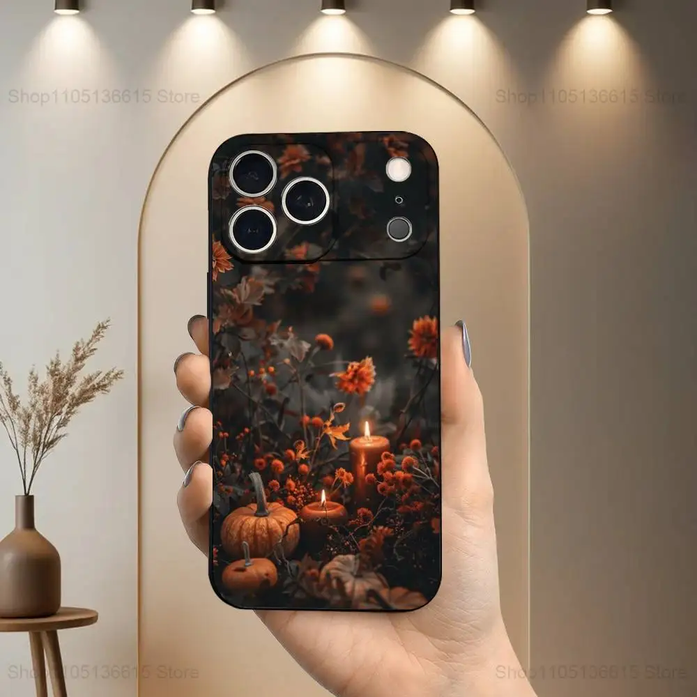 حافظة أوراق الخريف على شكل يقطين لهاتف آيفون 17,16,15,14,13,12,11 Air,Plus,Pro Max,XS,X,XR,SE,Mini,8,7,غطاء أسود من السيليكون الناعم #2