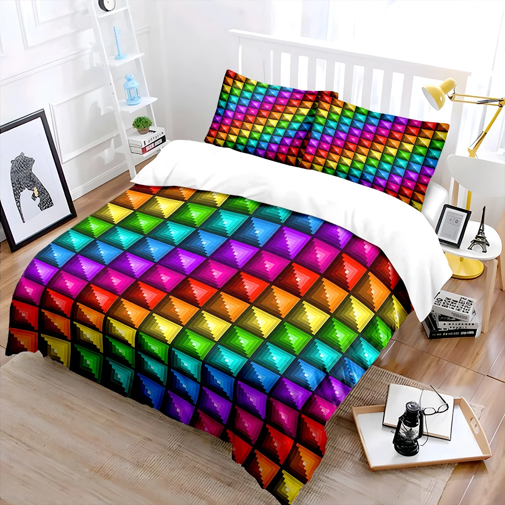 Colorful pixel square grid Bedding Set for Kids Luxury Gift 3pcs Digital Print Comforter Set Soft Comfortable Breathable
