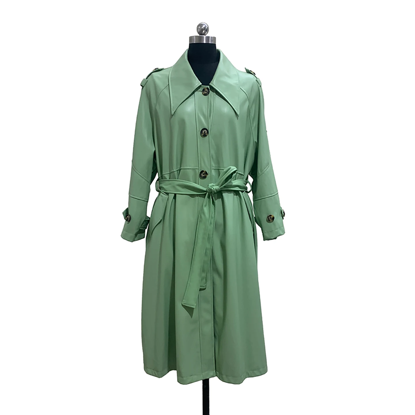 Nerazzurri Loose Casual Long Mint Green PU Leather Jacket Women's Korean Style High-End Feelings No Fur Collar Leather Coat
