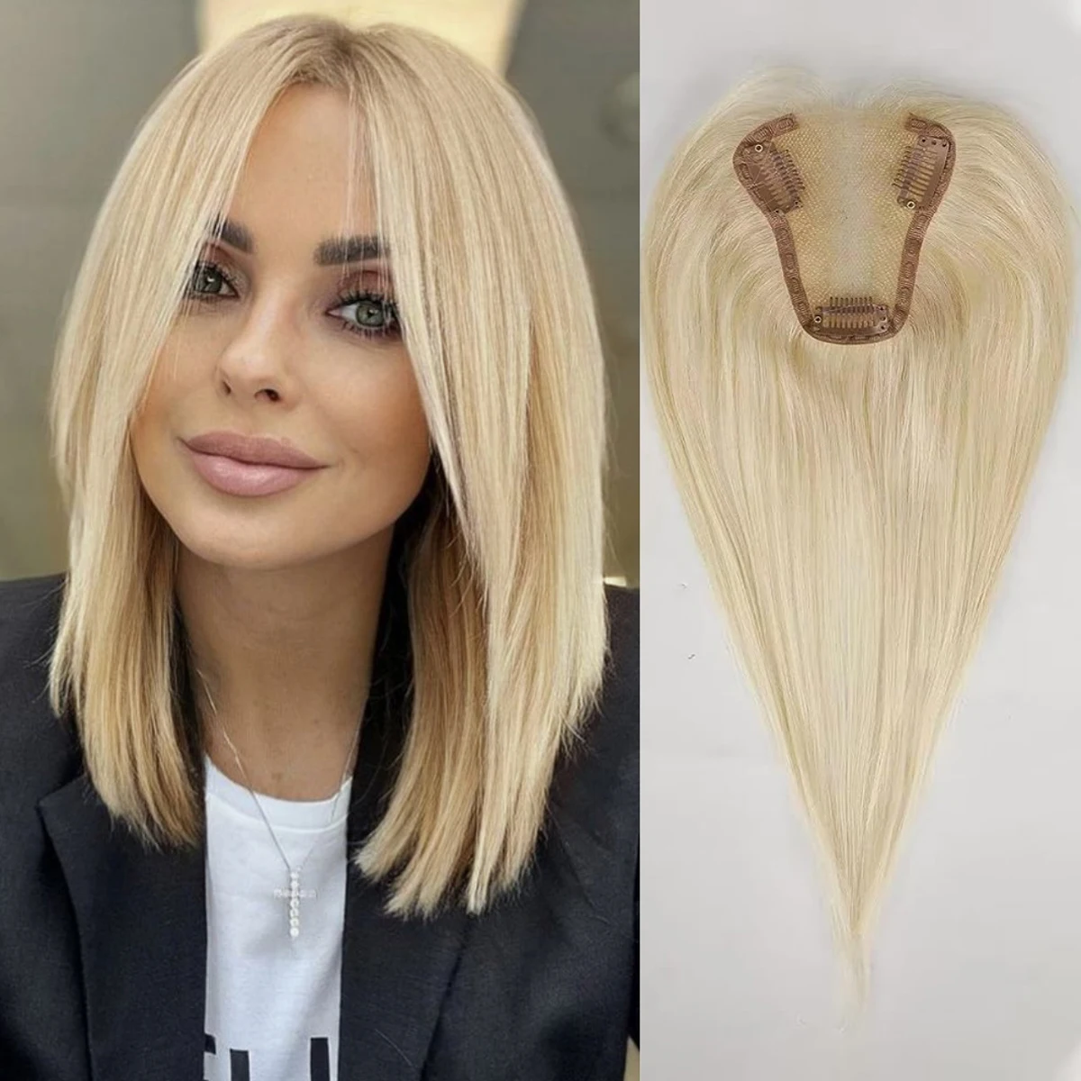 Blonde Golden 100% Remy Human Hair Topper Middle Part 12 Inch Silk Base Top Hairpieces Clip In Hair Extensions for Women