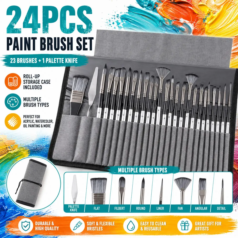 24-Piece Painting Brush Set, 23 Assorted Brushes with Palette Knife and Portable Roll-Up Case for Acrylic, Watercolor and Oil