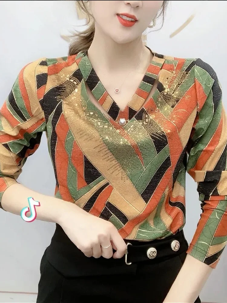 Cseta de Manga Larga Estilo Mamá a la Moda, Corte Hoado, Brillante con Diamantes, para Mujer, Nueva Colección de Otoño, ...